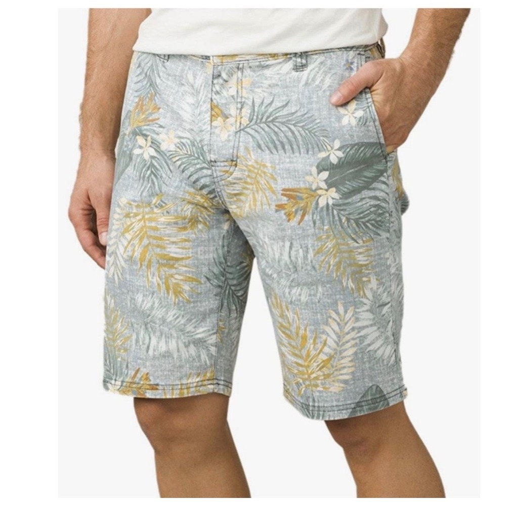 Prana Shorts Mens 34 Grey Tropical Floral Organic Cotton Stretch Flat Front